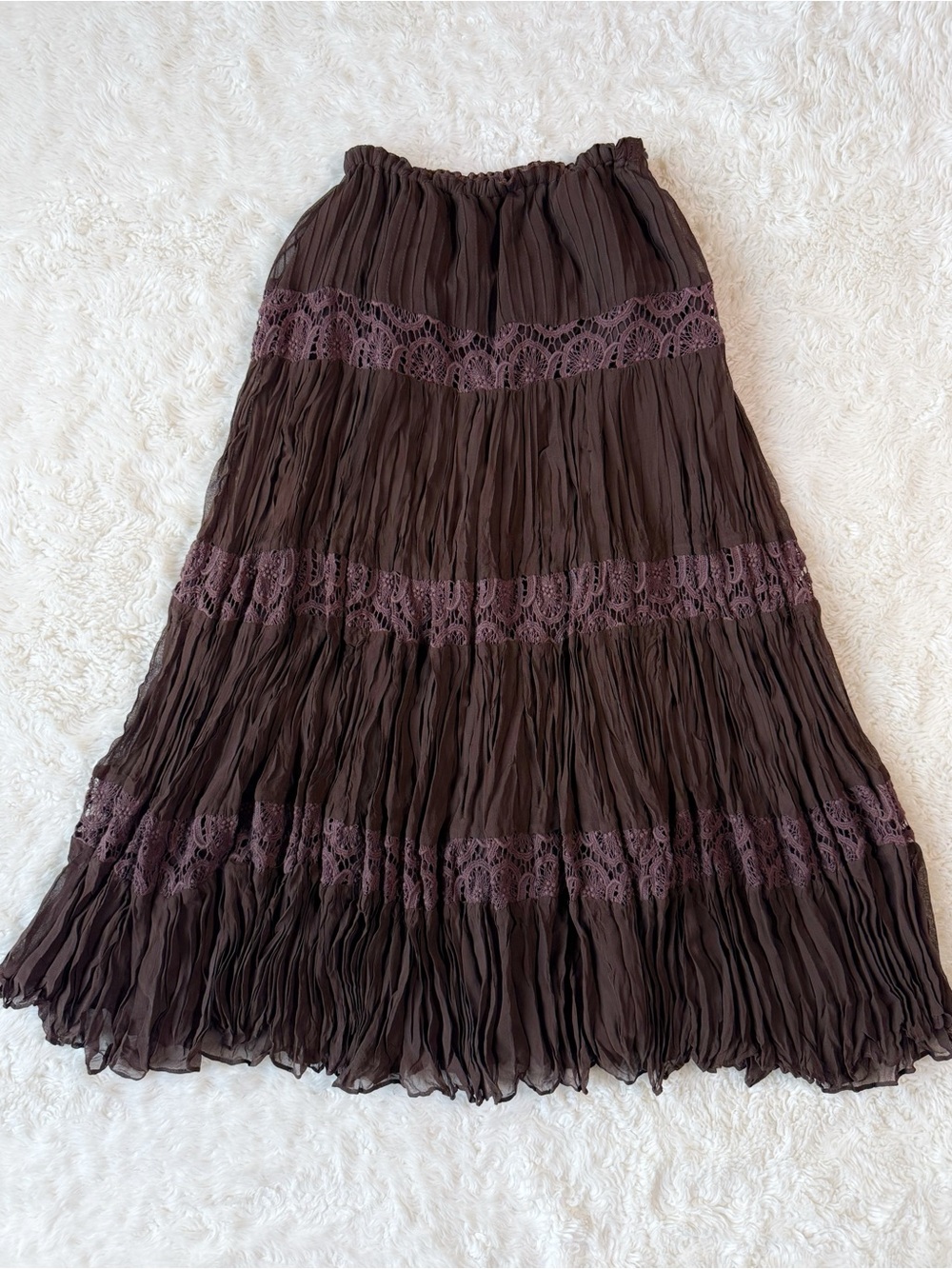 VTG Y2K 90s Woman Brown Silk Ruffle Crinkled Tiered Lace Maxi Skirt SMALL Boho